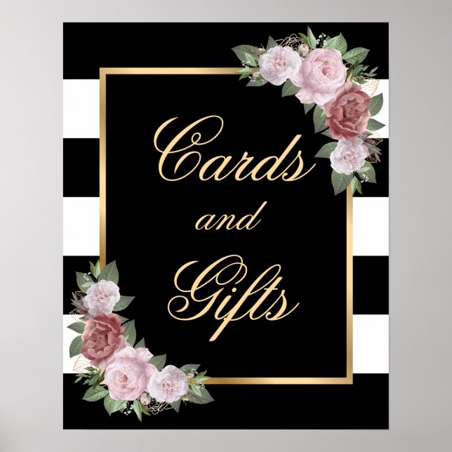 Poster Panneau Black Gold Floral Cartes de mariage et cad (Devant)