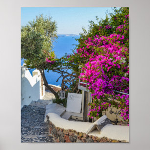 Poster Panneau blanc à côté de Bougainvilliers violets