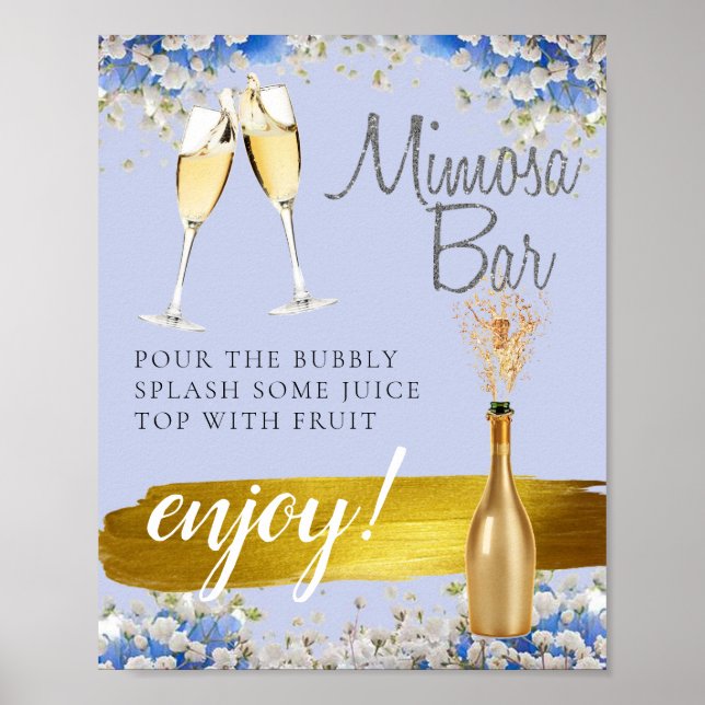 Poster Panneau Bleu Floral Gold Brich Mimosa Bar (Devant)