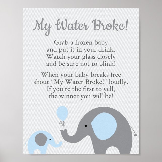 Poster Panneau Blue Elephant Baby shower My Water Broke J (Devant)