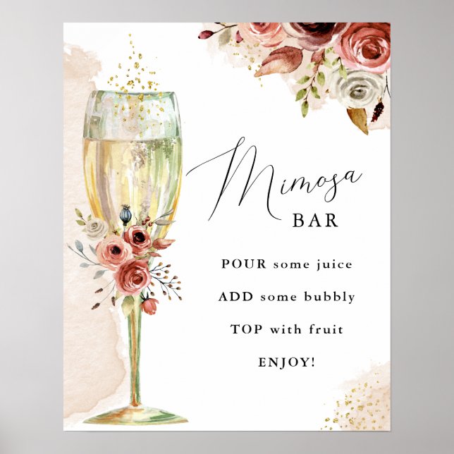 Poster Panneau Boho Fleurs et Champagne Verre Mimosa Bar (Devant)