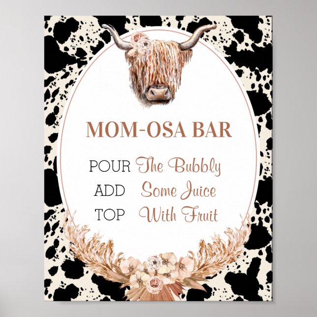 Poster Panneau Boho Floral Cow Mom-osa Bar Baby shower (Devant)