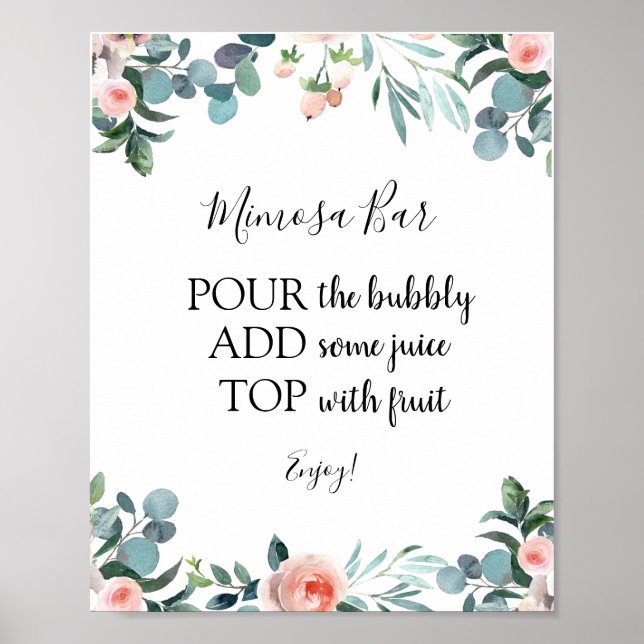 Poster Panneau boisson Mimosa Bar Fleurs roses et verdure (Devant)