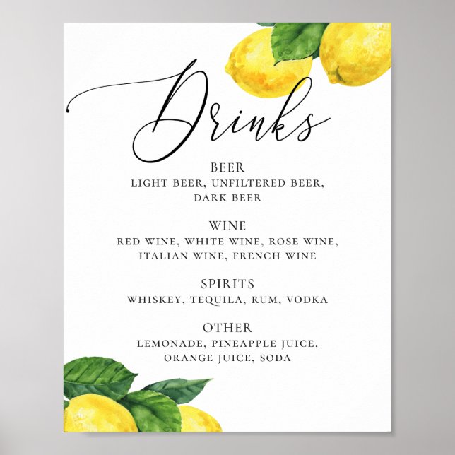 Poster Panneau Boissons de citron | Bar Mariage Botanique (Devant)
