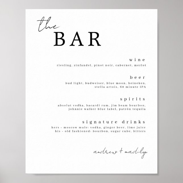 Poster Panneau Boissons minimalistes du bar (Devant)