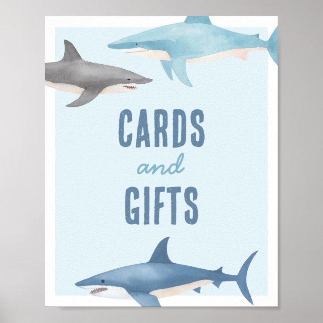 Poster Panneau Carte d'anniversaire de requin et cadeaux (Devant)