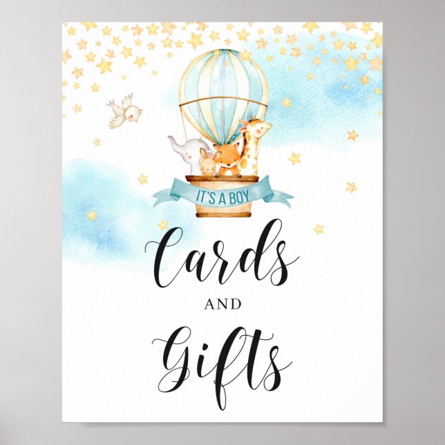 Poster Panneau Cartes et cadeaux Baby shower montgolfière (Devant)