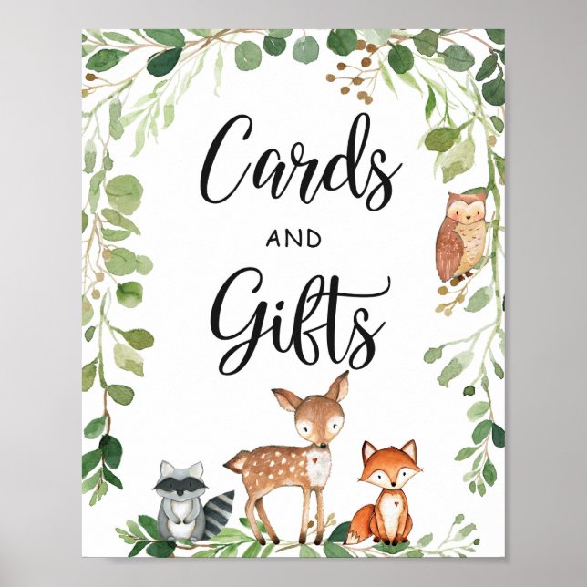 Poster Panneau Cartes et cadeaux de Baby shower Woodland (Devant)