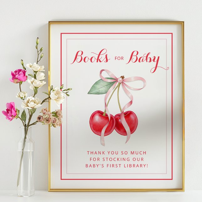 Poster Panneau Cherry Books for Baby shower (Books for Baby Baby Shower Sign)