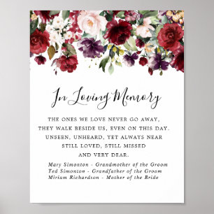 Poster Panneau commémoratif de mariage floral rose rouge