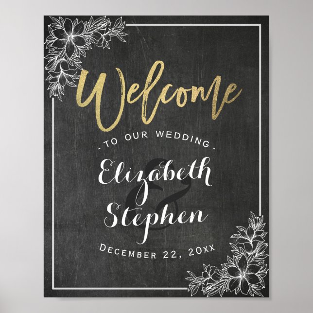 Poster Panneau d'accueil du Mariage Floral Chalkboard (Devant)