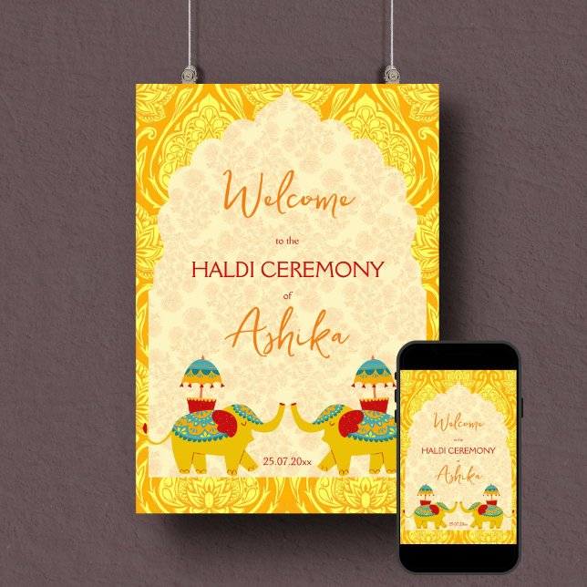 Poster Panneau d'accueil jaune des éléphants mariages de  (Haldi welcome sign poster instant download yellow arch frame cute Indian wedding elephants)