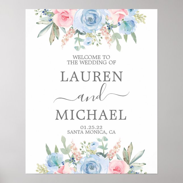 Poster Panneau d'accueil Mariage bleu et blanc (Devant)