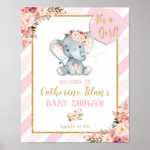 Poster Panneau d'affiche Elephant Baby shower Girl rose W