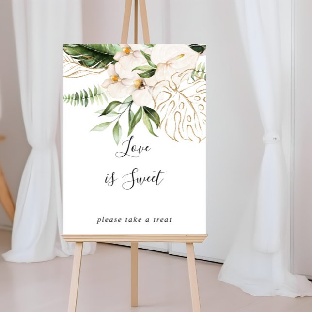 Poster Panneau d'amour floral tropical en or, l'amour est (Créateur téléchargé)