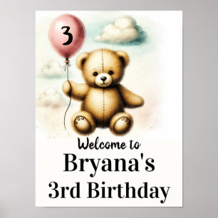 Poster Panneau d'anniversaire 1 an Teddy Bear Pink Balloo