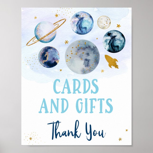 Poster Panneau d'anniversaire Galaxy Blue Gold Cartes et  (Devant)