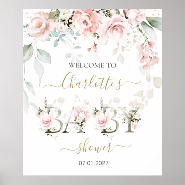 Poster Panneau de Baby shower de bienvenue Roses roses ro (Devant)