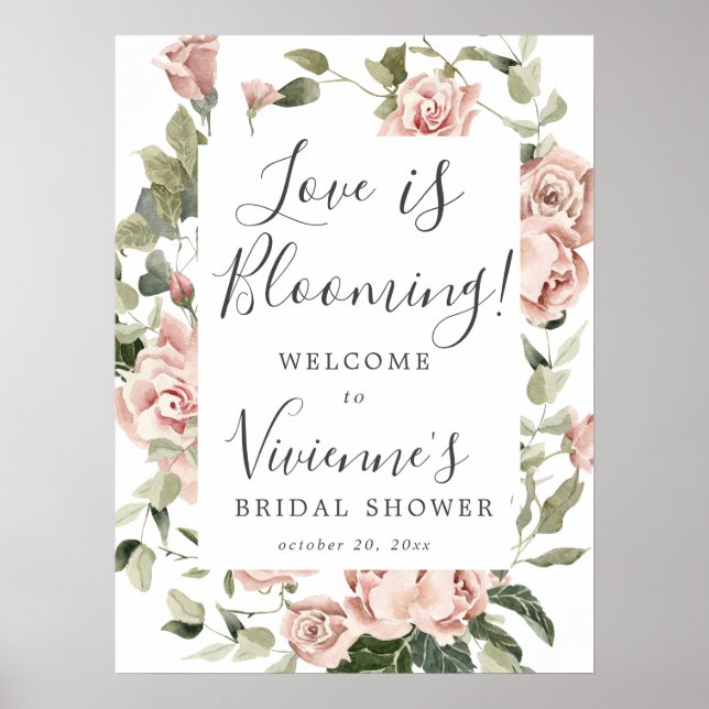 Poster Panneau de Baby Shower de Mariage Fleurs Roses Amo (Devant)