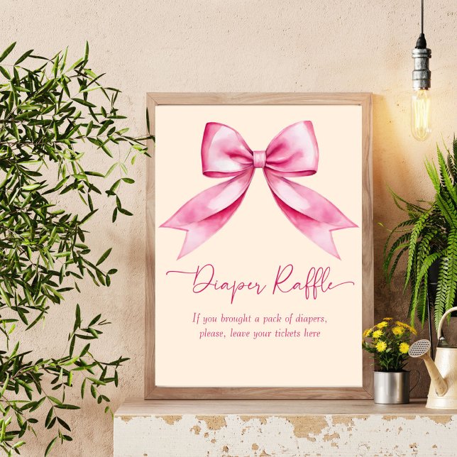 Poster Panneau de baby shower en ruban rose (Pink bow ribbon baby shower diaper raffle table sign personalized baby shower decor)