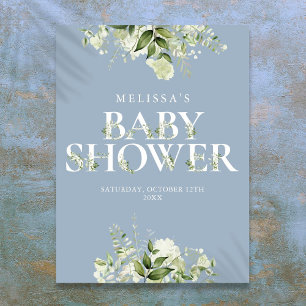 Poster Panneau de Baby Shower Fleurs de Greenery Bleu Pou