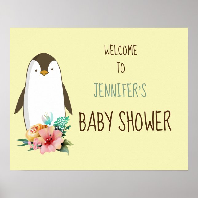 Poster Panneau de Baby shower Floral Penguin personnalisa (Devant)