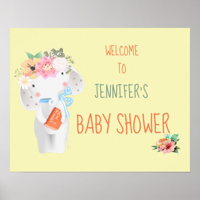 Poster Panneau de Baby shower modulable Floral Elephant (Devant)