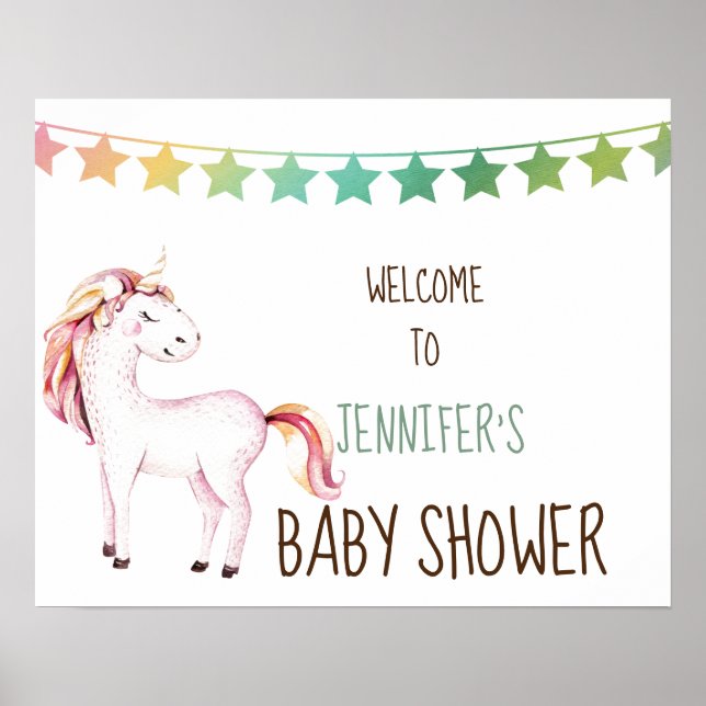 Poster Panneau de Baby shower personnalisable Unicorne Wh (Devant)