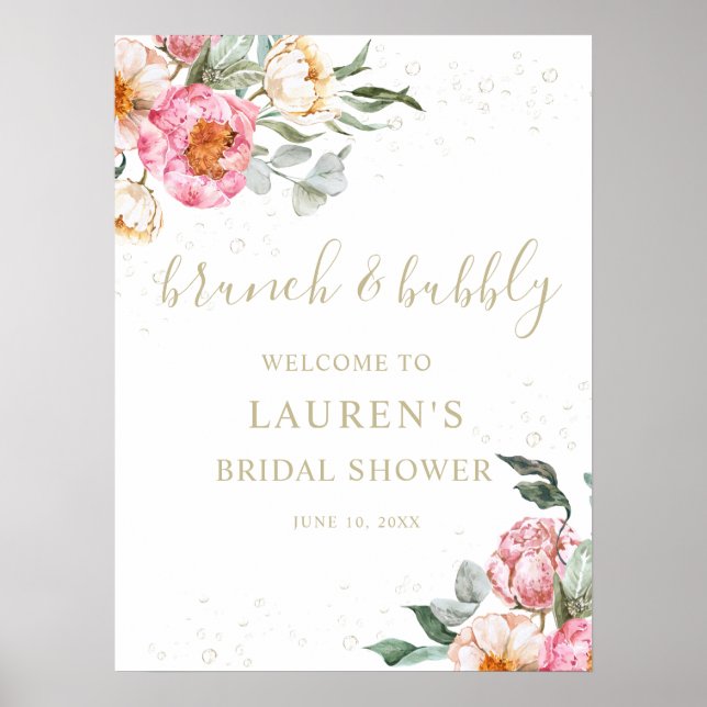 Poster Panneau de baiser de mariage floral rose Brunch et (Devant)