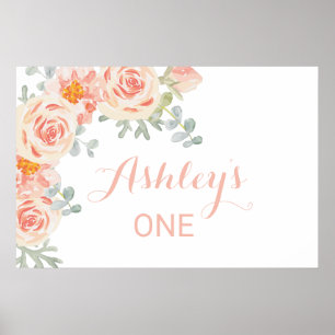 Poster Panneau de bannière Floral Peach Pink Baby's 1st B