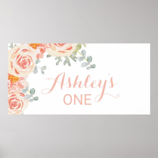 Poster Panneau de bannière Floral Peach Pink Baby's 1st B (Devant)