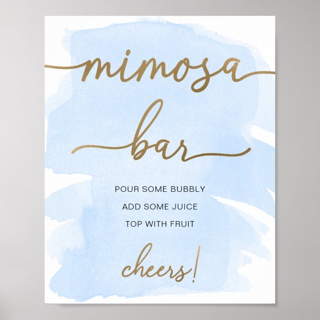 Poster Panneau de bar à Mimosa à aquarelle bleue et doré (Devant)