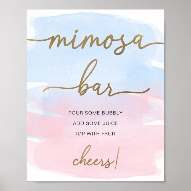Poster Panneau de bar à mimosa or aquarelle rose bleu (Devant)