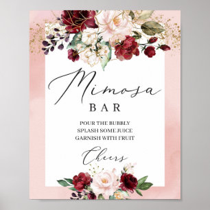 Poster Panneau de bar de mimosa floral rose bordeaux boho