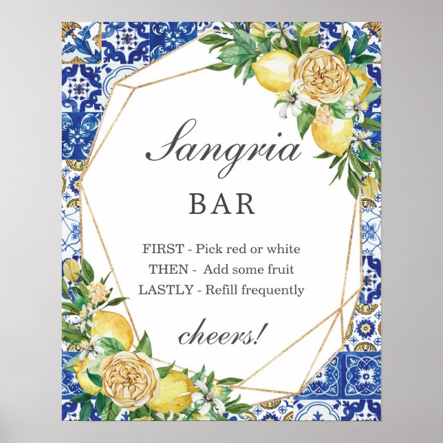 Poster Panneau de bar de sangria florale au citron chic (Devant)
