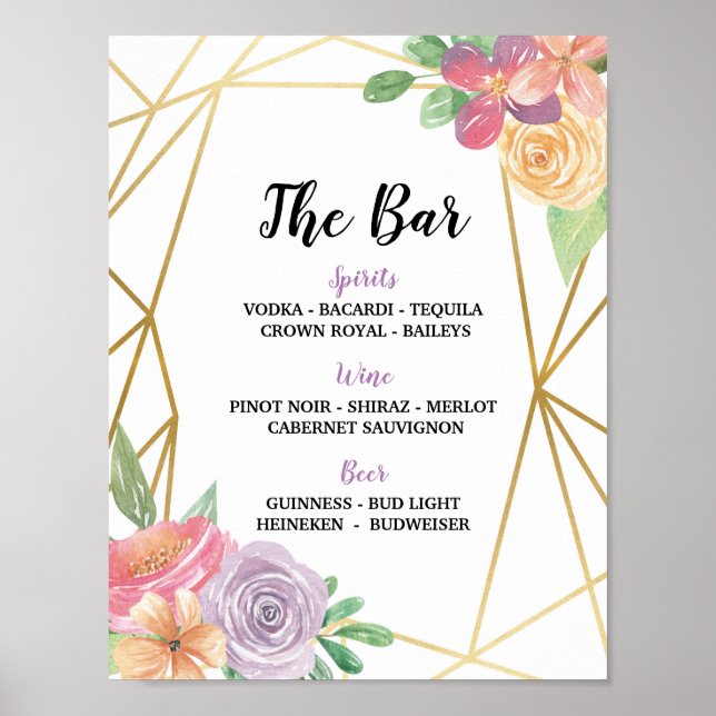 Poster Panneau de bar Floral Summer Wedding Réception ros (Devant)