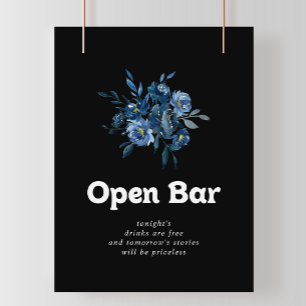 Poster Panneau de bar ouvert de mariage floral bleu de la