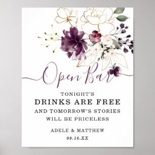 Poster Panneau de bar ouvert en or floral vin élégant