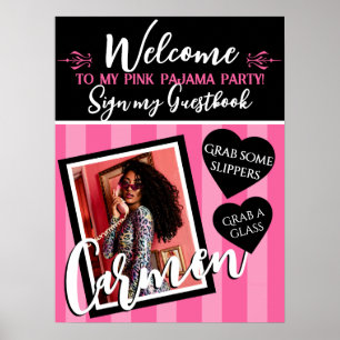 Poster Panneau de bienvenue à la fête rose et cœur noir