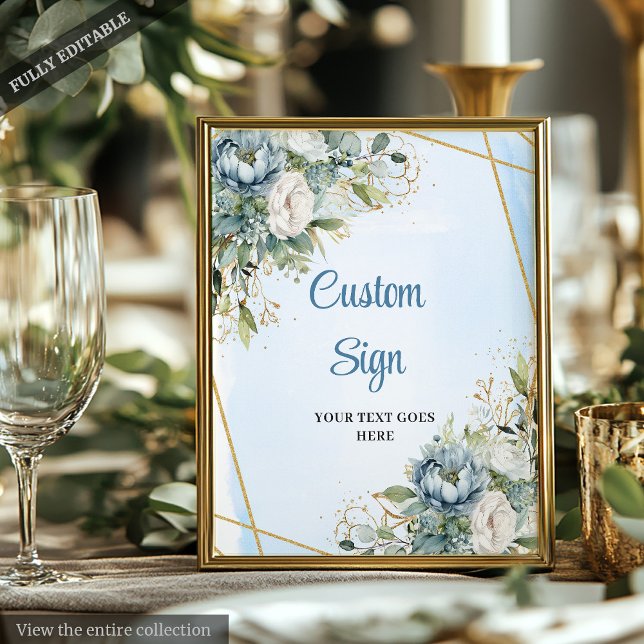 Poster Panneau de bienvenue à paillettes dorées et fleurs (Boho Dusty Blue Floral Gold Glitter Welcome Sign)