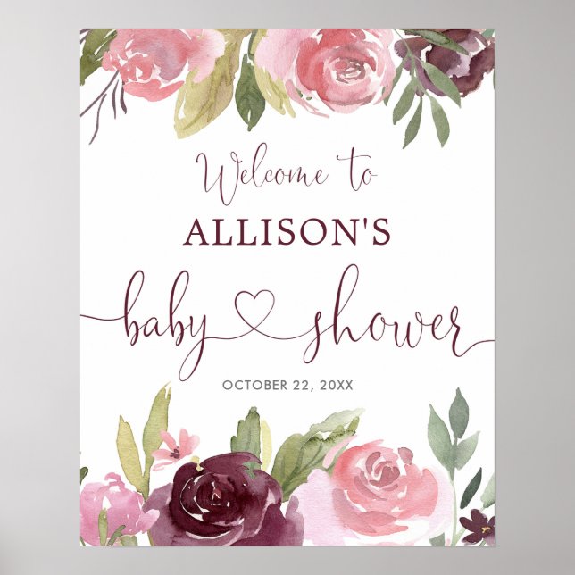 Poster Panneau de bienvenue au baby shower floral roux bo (Devant)