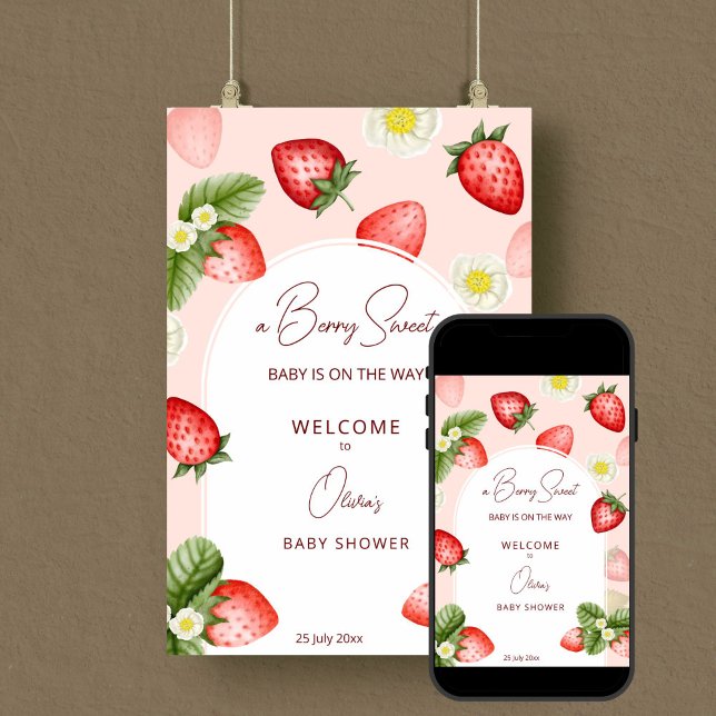 Poster Panneau de bienvenue aux fraises baby showers sucr (Strawberry berry sweet baby shower pink welcome sign poster editable template digital download)