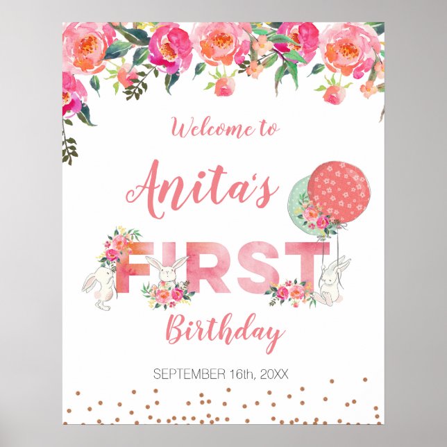 Poster Panneau de bienvenue Baby Shower aquarelle lapin (Devant)