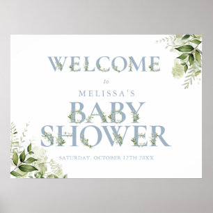 Poster Panneau de bienvenue Baby Shower Blue Greenery Let