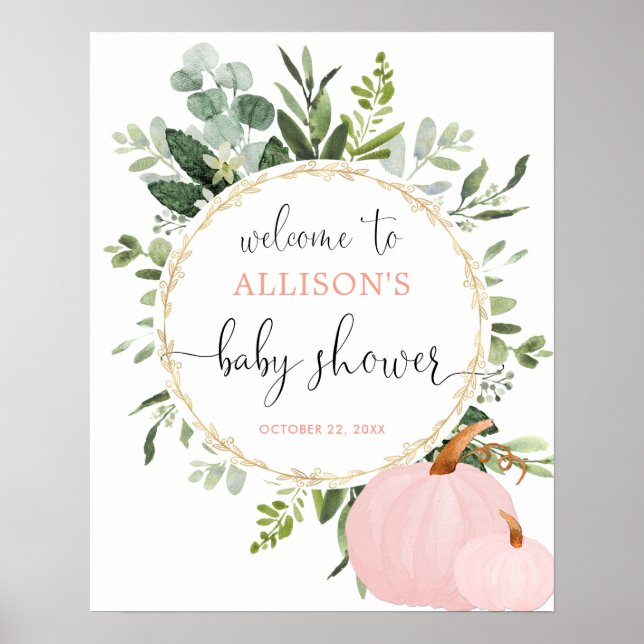 Poster Panneau de bienvenue baby shower citrouille rose v (Devant)