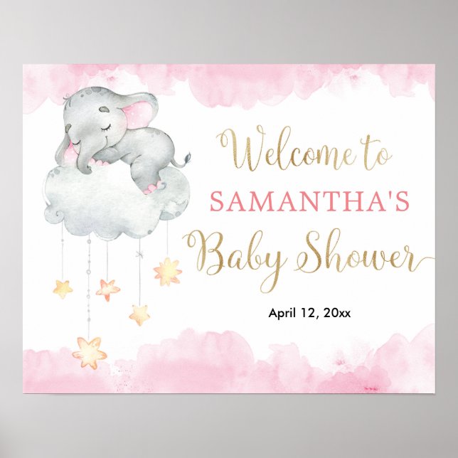 Poster Panneau de bienvenue baby shower d'éléphant mignon (Devant)