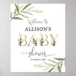 Poster Panneau de bienvenue baby shower feuille or vert