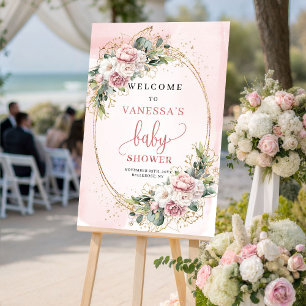 Poster Panneau de bienvenue Baby Shower Fleur Rose Doré M
