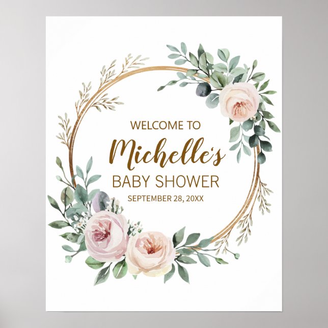 Poster Panneau de bienvenue baby shower Gold Green modern (Devant)