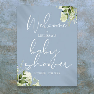 Poster Panneau de bienvenue Baby Shower Greenery Dusty Bl